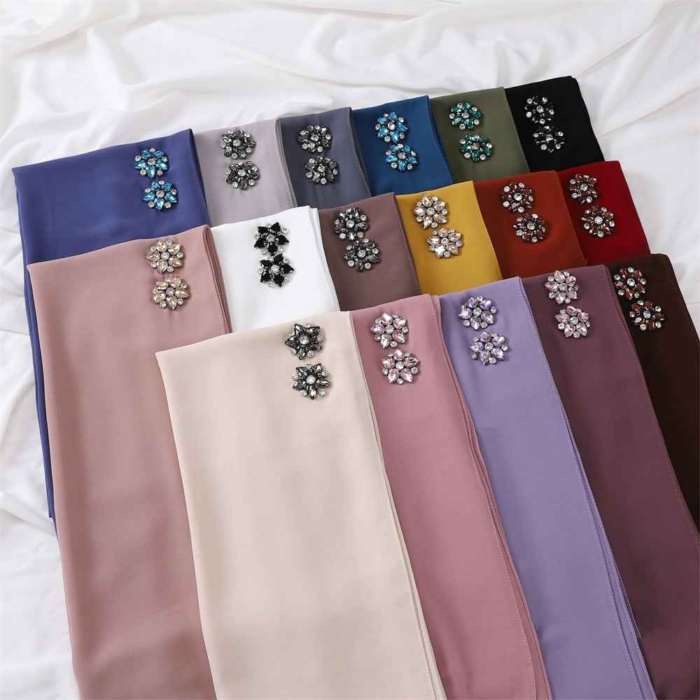 YZ133 Plain Pearl Chiffon Hijab with Hand-Set Crystals & Straight Hem
