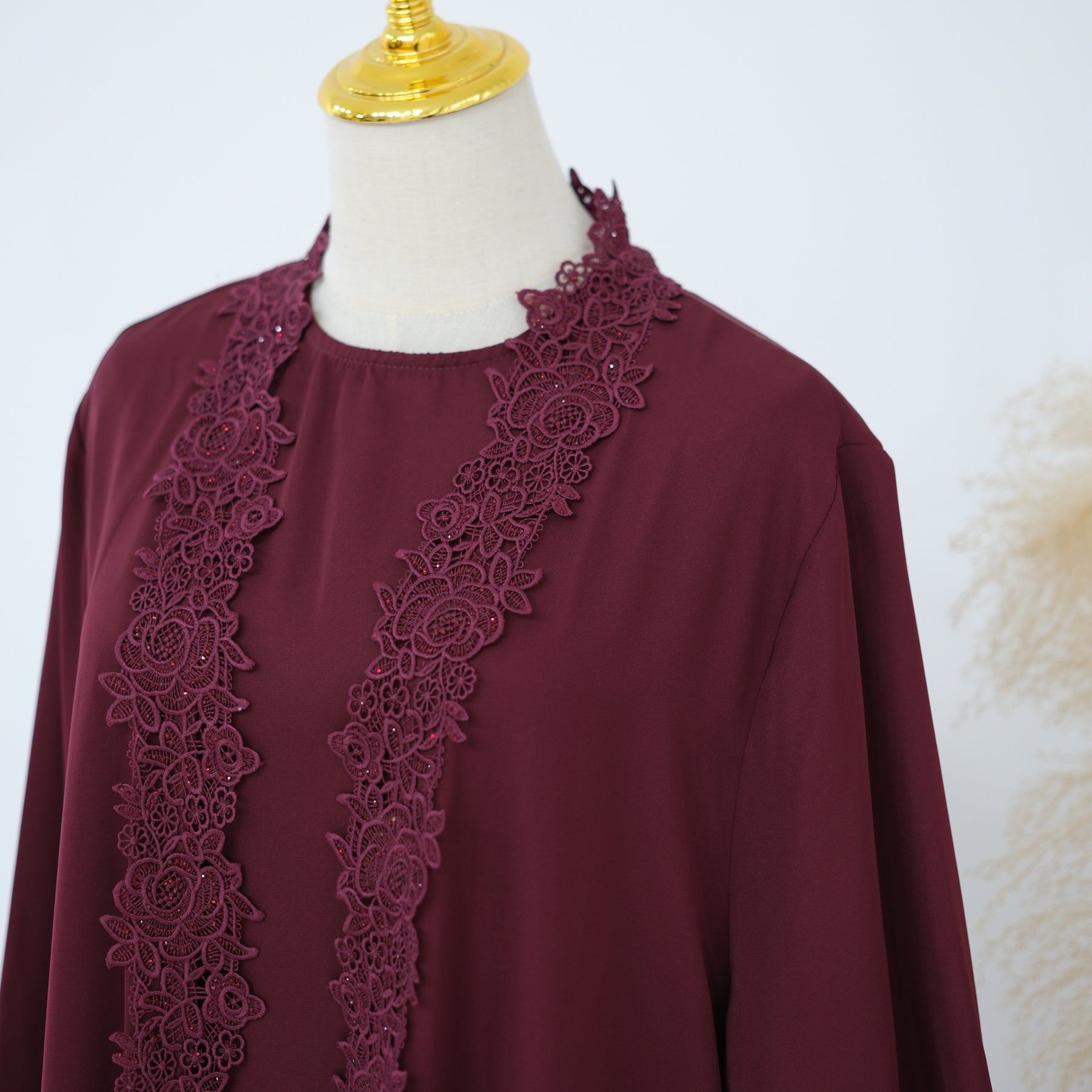 LR1191  Plain Nida Gold Foil Lace Open Abaya + Inner Layer + Hijab Set