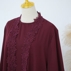 LR1191  Plain Nida Gold Foil Lace Open Abaya + Inner Layer + Hijab Set