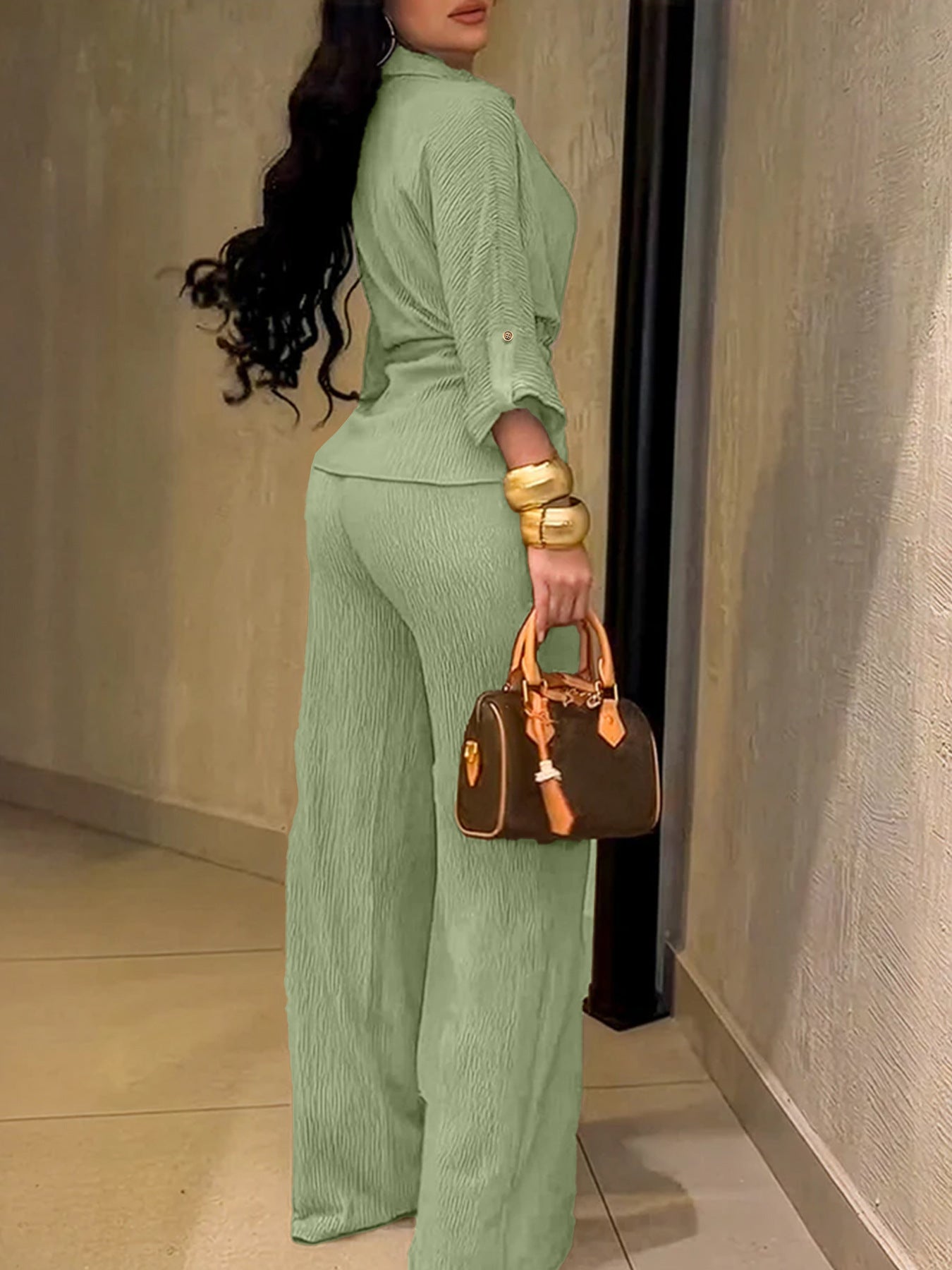 HC55359  Women's Lapel Button Shirt & Drawstring Wide-Leg Pants Set