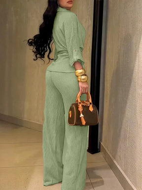 HC55359  Women's Lapel Button Shirt & Drawstring Wide-Leg Pants Set