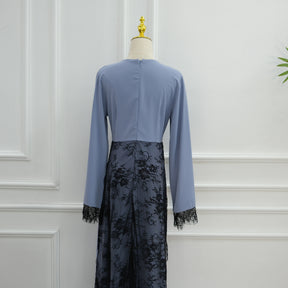 LR1174  Plus size lace panel long sleeve waist-cinching dress