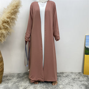 1991 Solid color reversible cardigan with pockets and tie abaya