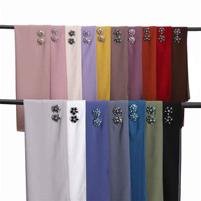 YZ133 Plain Pearl Chiffon Hijab with Hand-Set Crystals & Straight Hem
