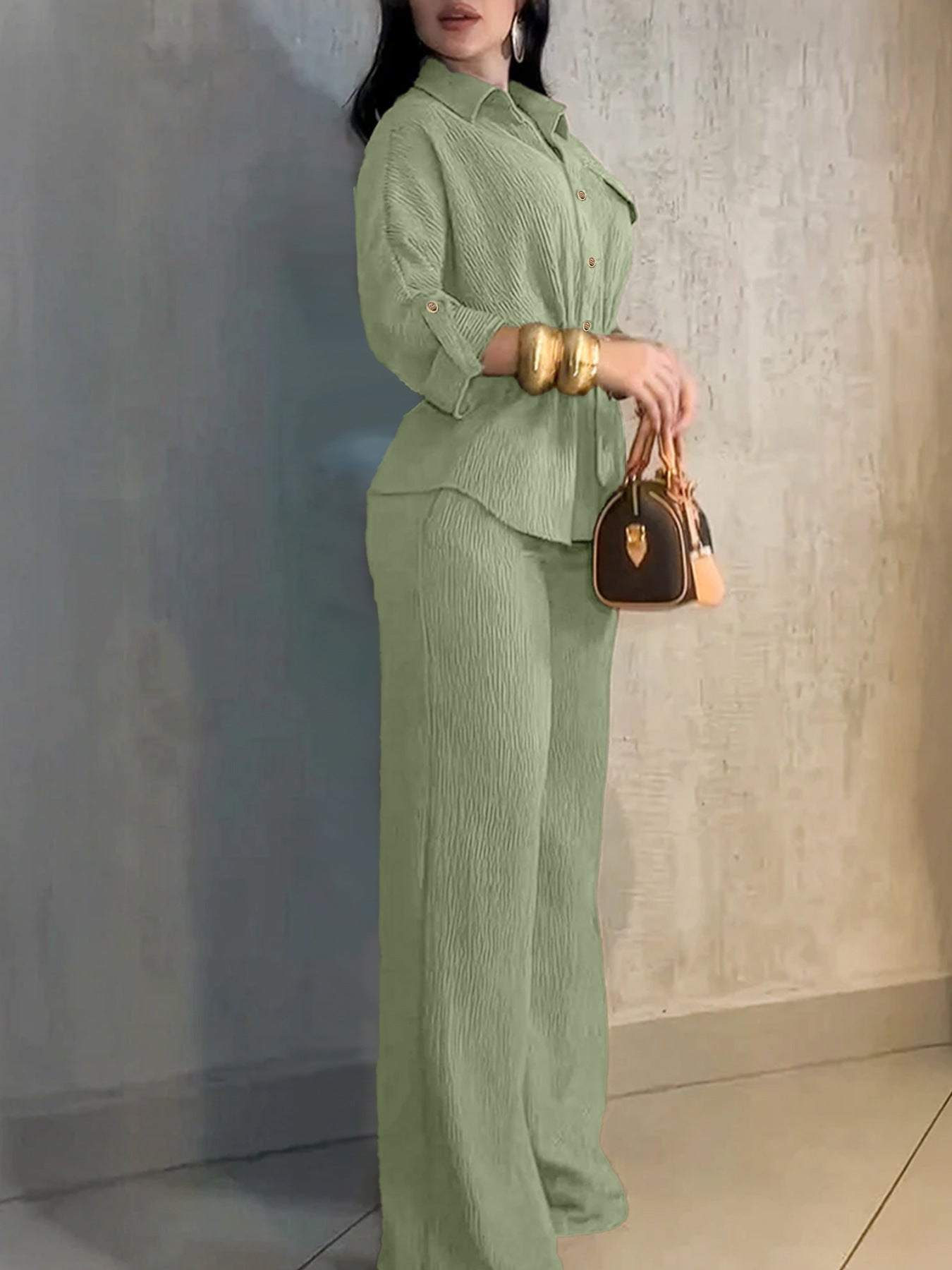 HC55359  Women's Lapel Button Shirt & Drawstring Wide-Leg Pants Set