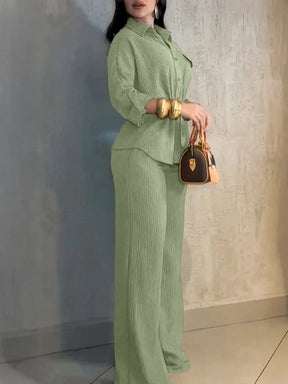 HC55359  Women's Lapel Button Shirt & Drawstring Wide-Leg Pants Set