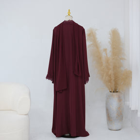 LR1191  Plain Nida Gold Foil Lace Open Abaya + Inner Layer + Hijab Set
