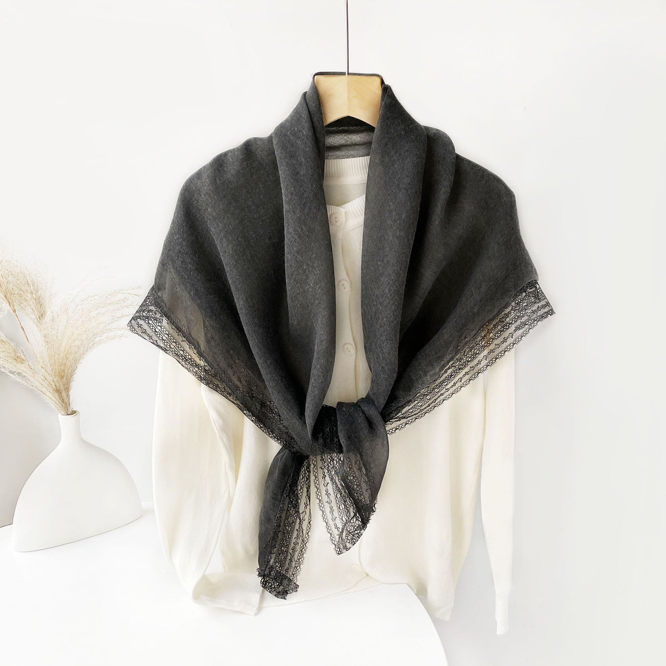 SS006  Plain Lightweight Lace Trim Polyester-Cotton Square Scarf