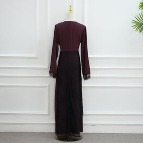 LR1174  Plus size lace panel long sleeve waist-cinching dress