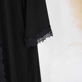 LR1191  Plain Nida Gold Foil Lace Open Abaya + Inner Layer + Hijab Set