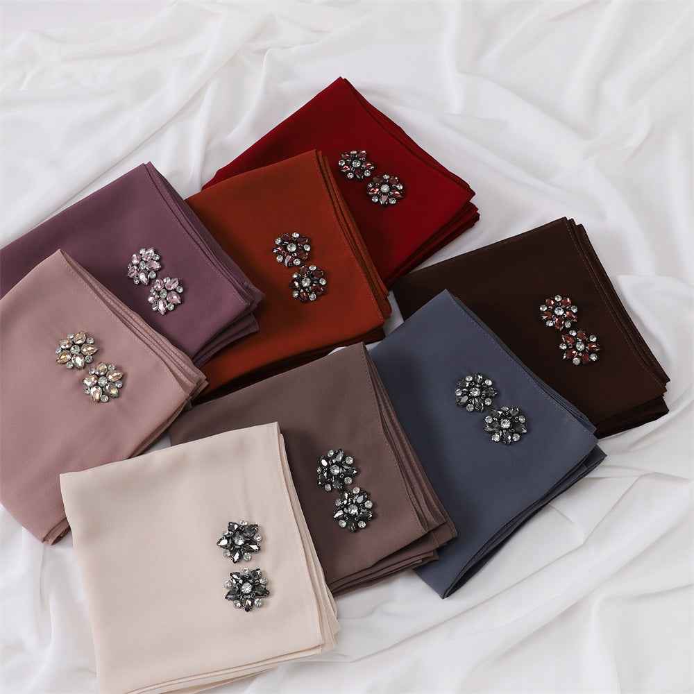 YZ133 Plain Pearl Chiffon Hijab with Hand-Set Crystals & Straight Hem