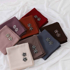 YZ133 Plain Pearl Chiffon Hijab with Hand-Set Crystals & Straight Hem