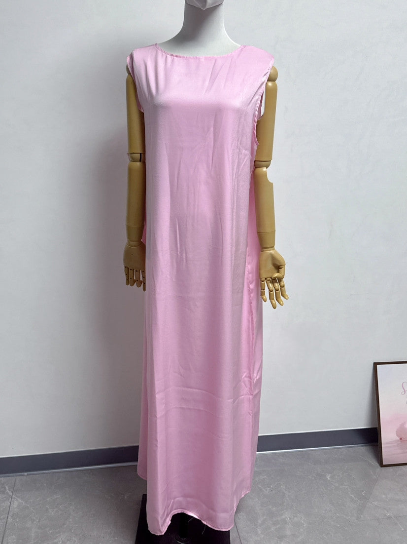 K113  Satin Tie-Front Open Abaya + Inner Dress Set - No Hijab