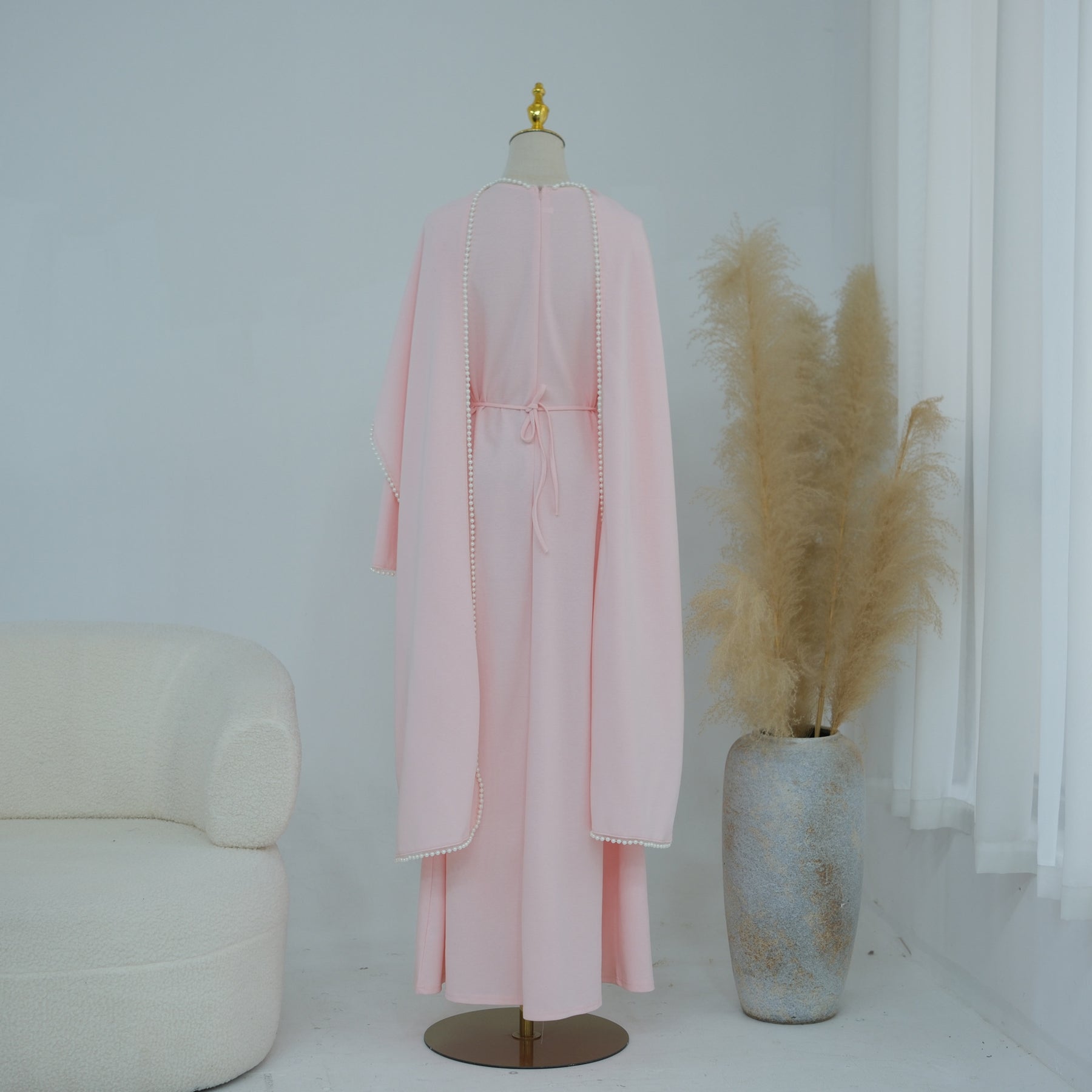 LR1167  Plain Scuba Beaded Shawl + Long Sleeve Dress Set