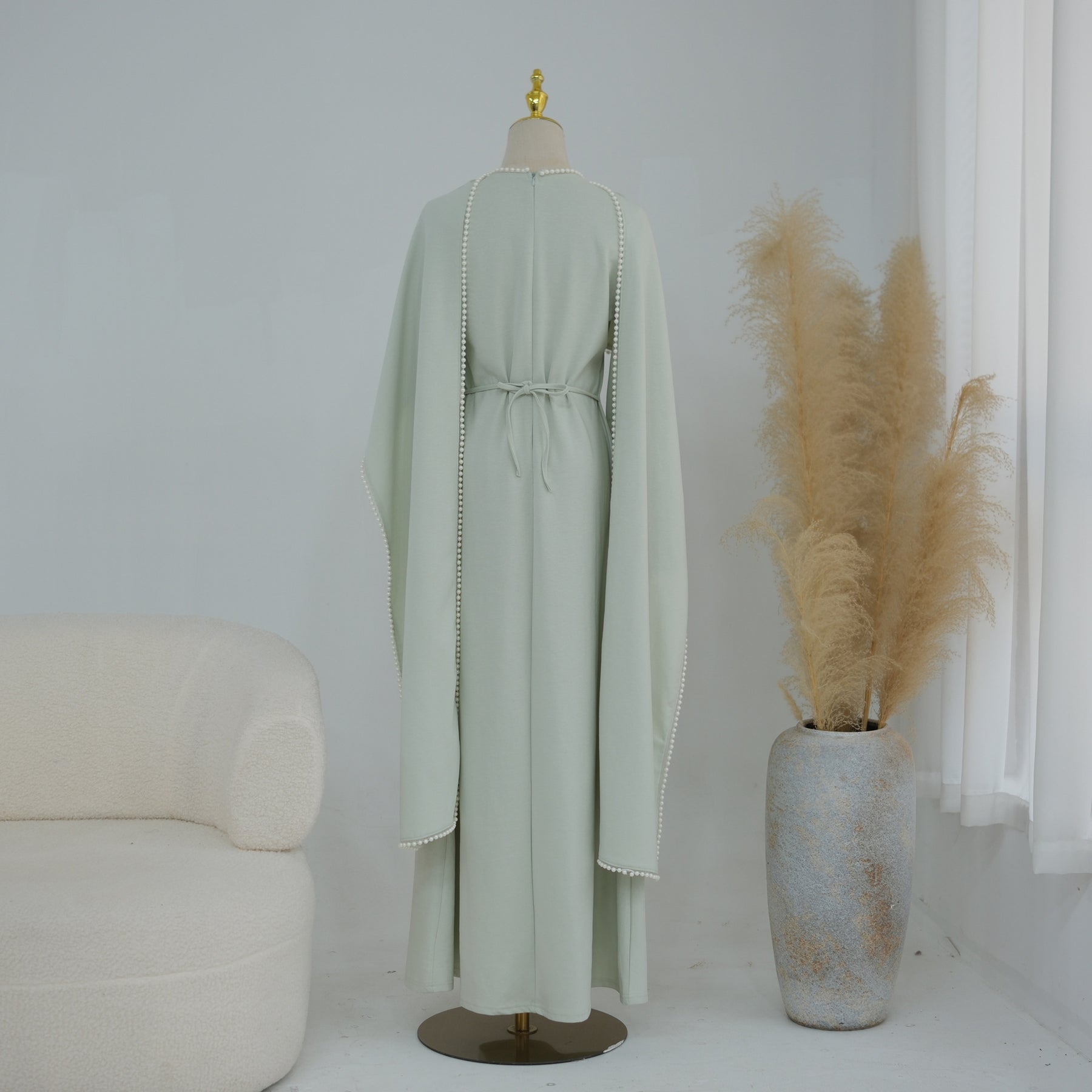 LR1167  Plain Scuba Beaded Shawl + Long Sleeve Dress Set