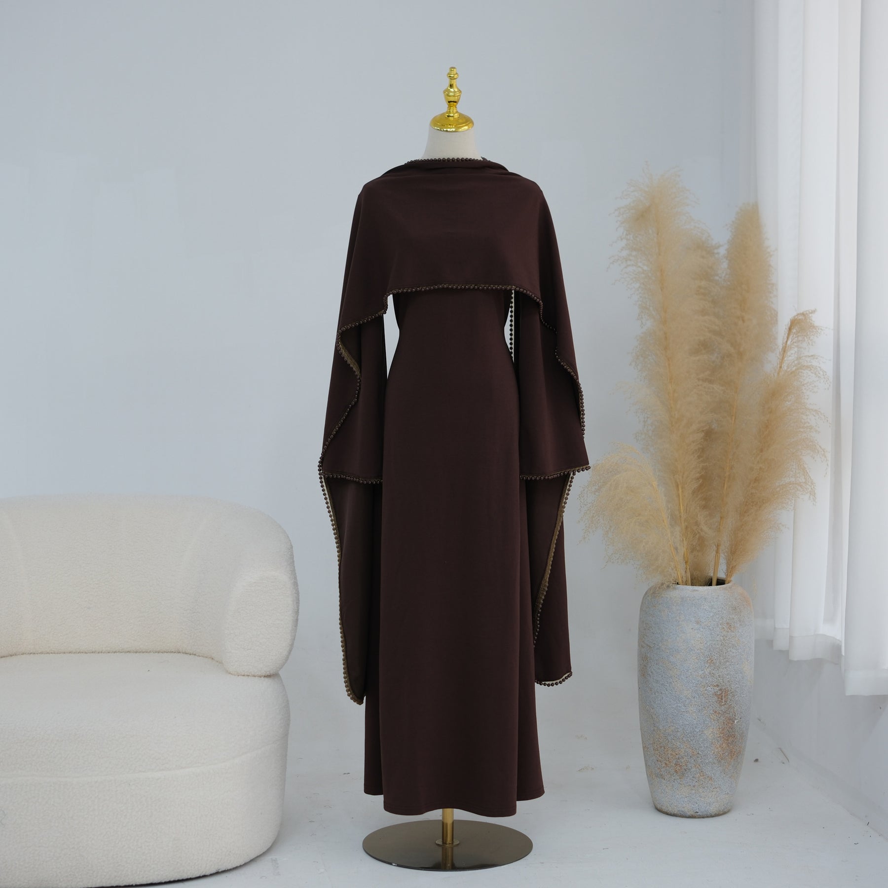LR1167  Plain Scuba Beaded Shawl + Long Sleeve Dress Set