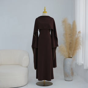 LR1167  Plain Scuba Beaded Shawl + Long Sleeve Dress Set