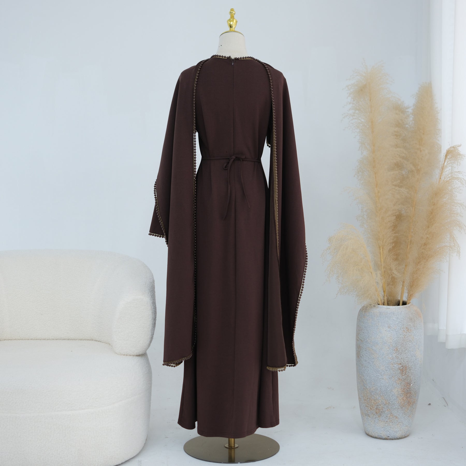 LR1167  Plain Scuba Beaded Shawl + Long Sleeve Dress Set