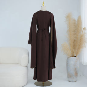 LR1167  Plain Scuba Beaded Shawl + Long Sleeve Dress Set