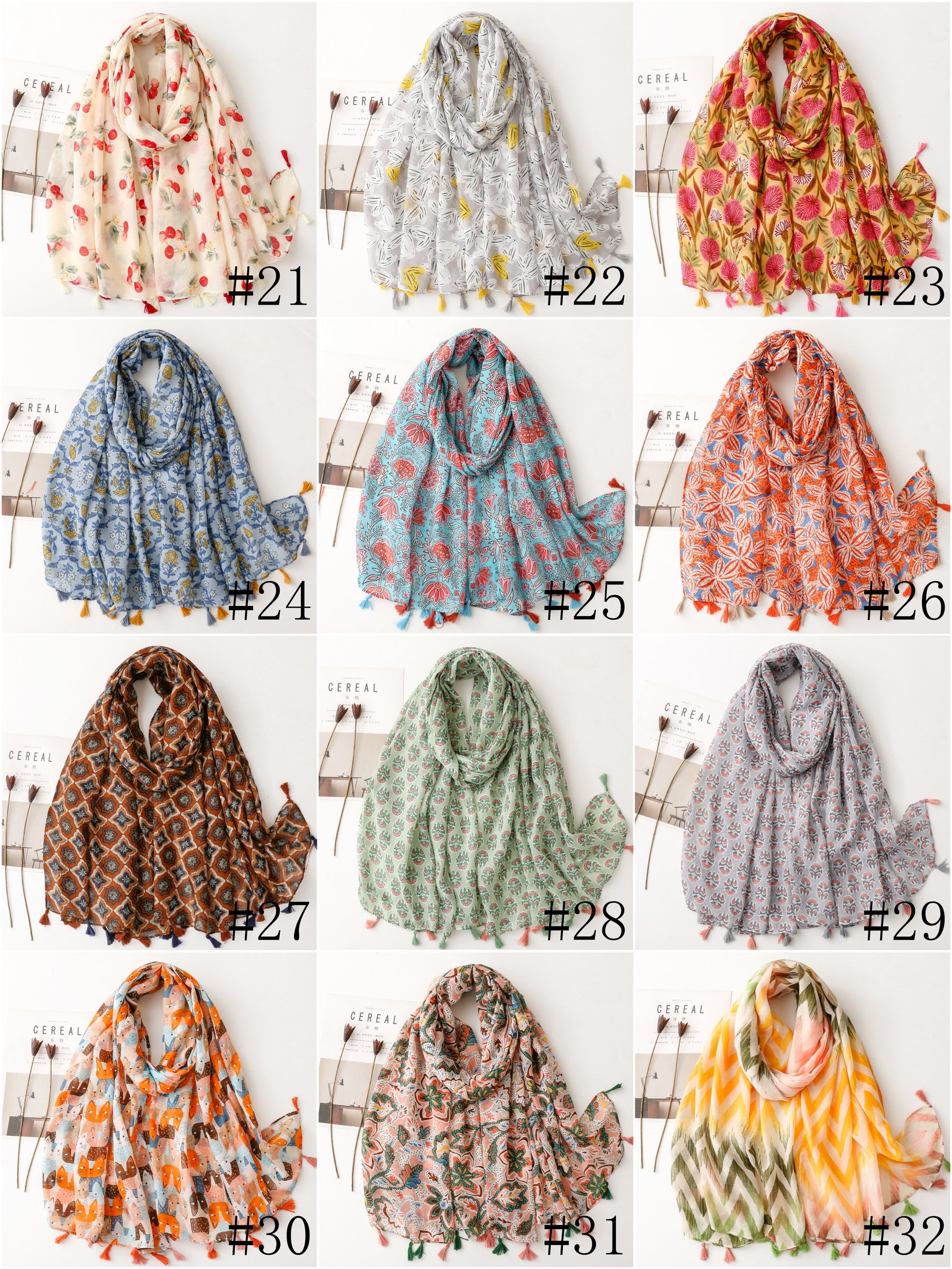 SL2202-009  Women's Ethnic Cotton Linen Feel Scarf with Wheat Ears Tassels
