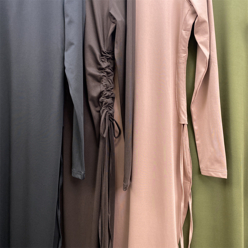 6736 Arabian solid color long-sleeved dress women's side drawstring bottoming shirt - MinYang Fashion Apparel Accessory Manufacturer