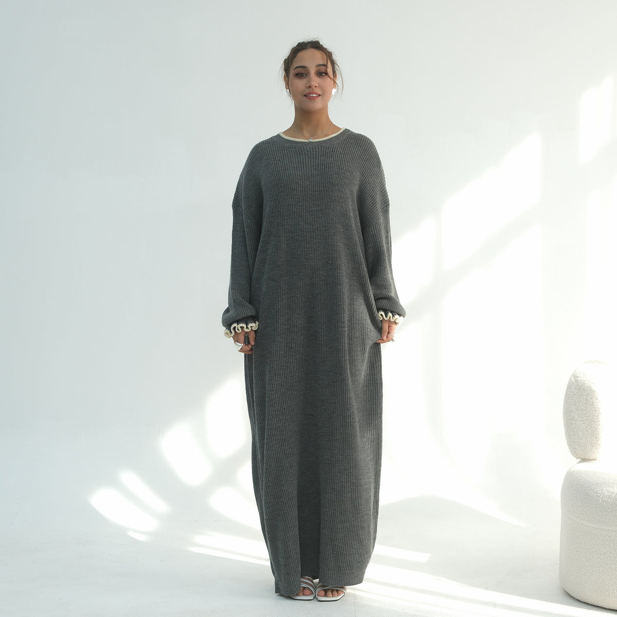 LR1108  Autumn/Winter Contrast-Color Faux Cashmere Jersey Dress