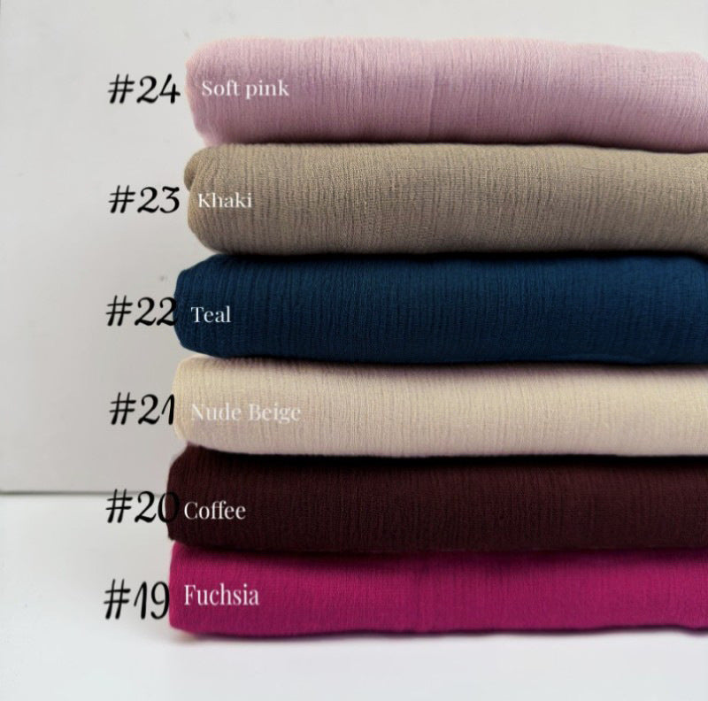 WJA79  Plain natural crinkle cotton hijab with fringes on both ends