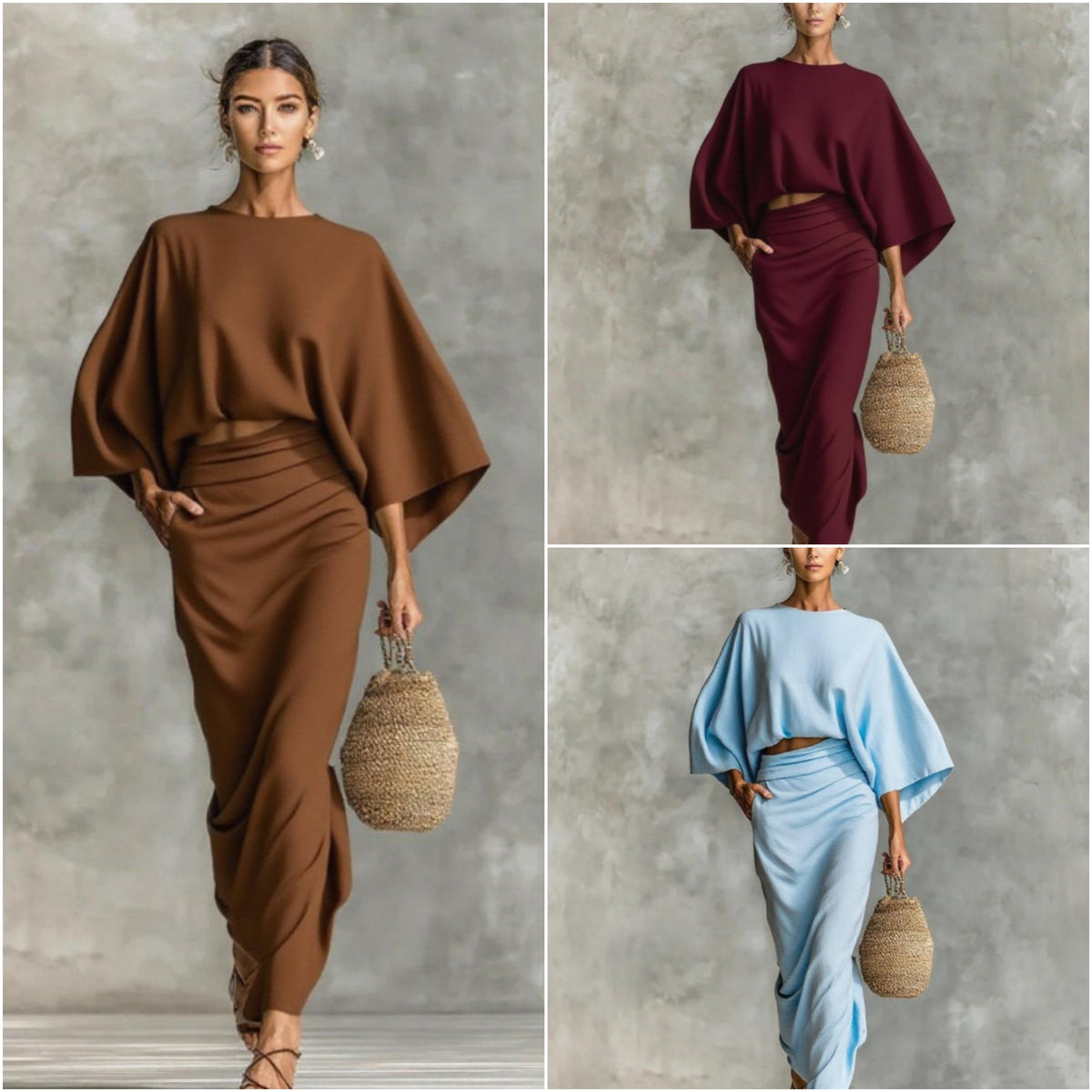 TJ7022  Autumn Crewneck Long Sleeve Top + High Waist Maxi Skirt Abaya Set