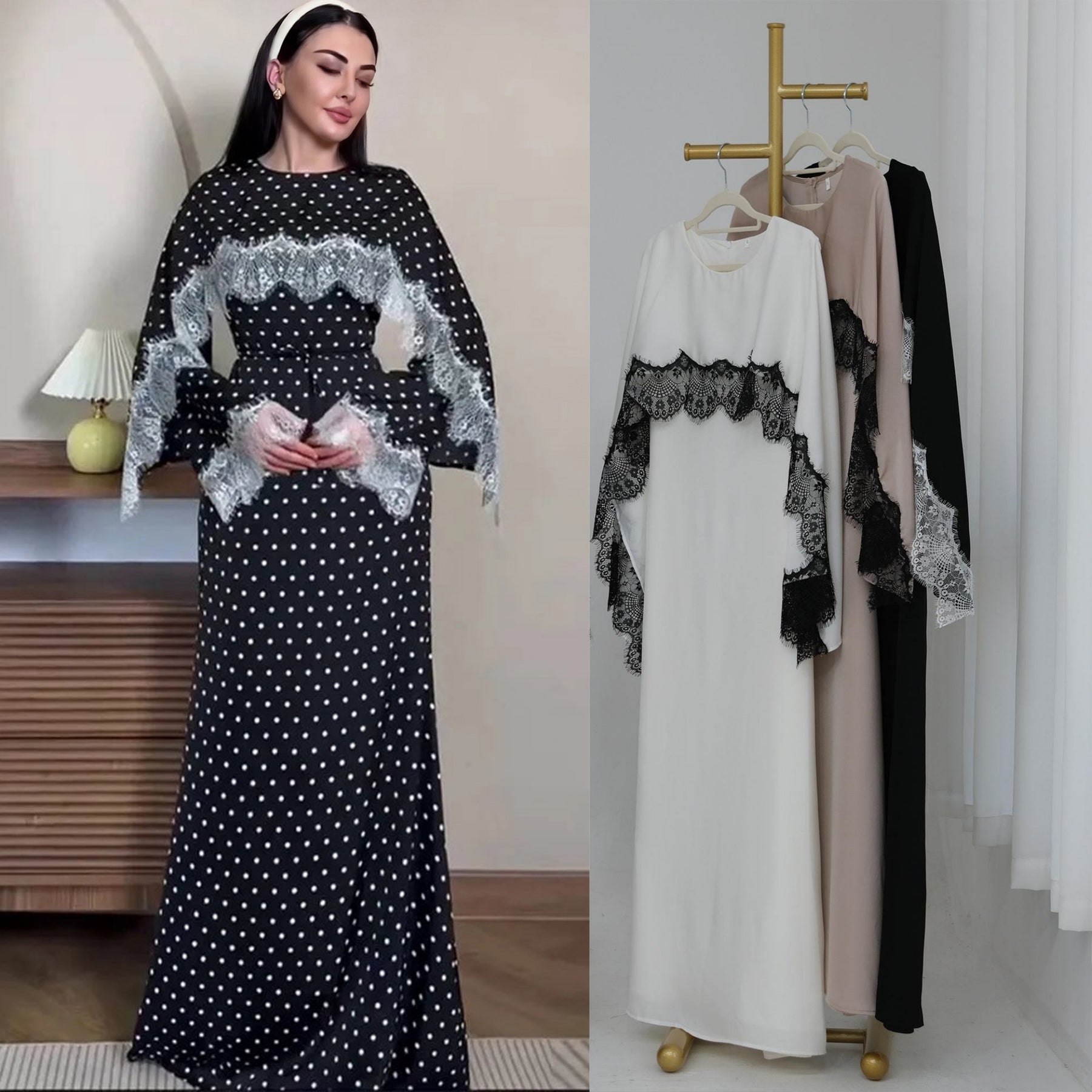 LR1323  Viscose Lace Panel Dress with Shawl