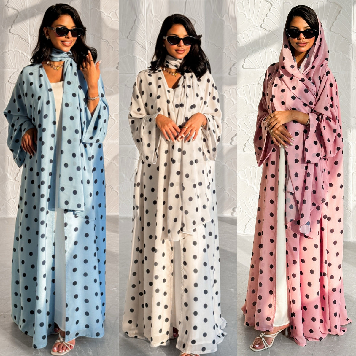 LR1119  Women's Vibrant Polka Dot Cardigan & Hijab 2-Piece Set