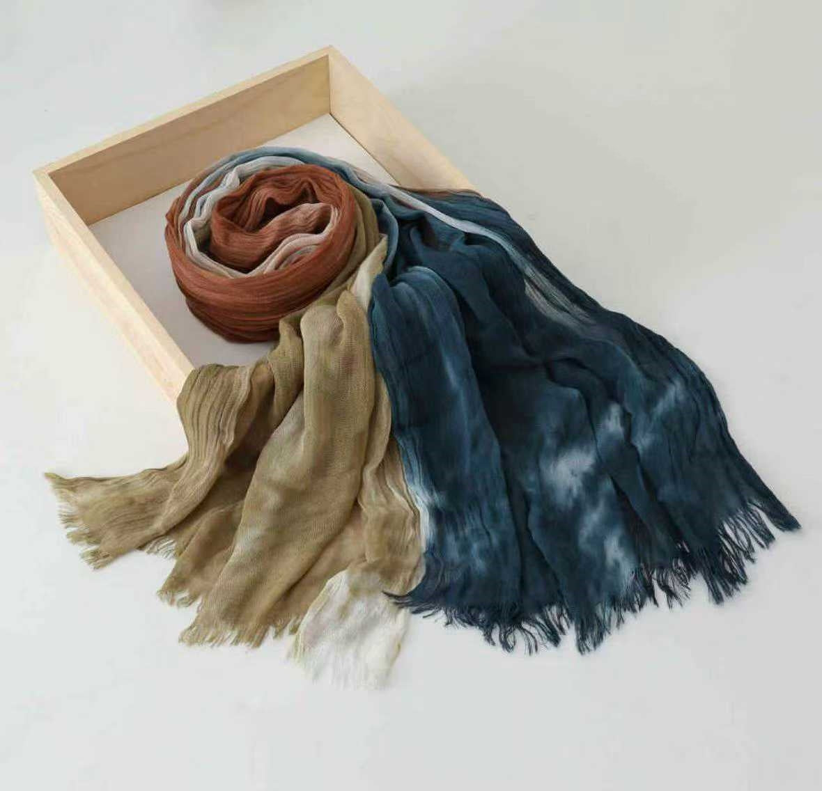SS009  Modal Tie-Dye Oil Painting Style Two-End Fringed Crinkled Hijab