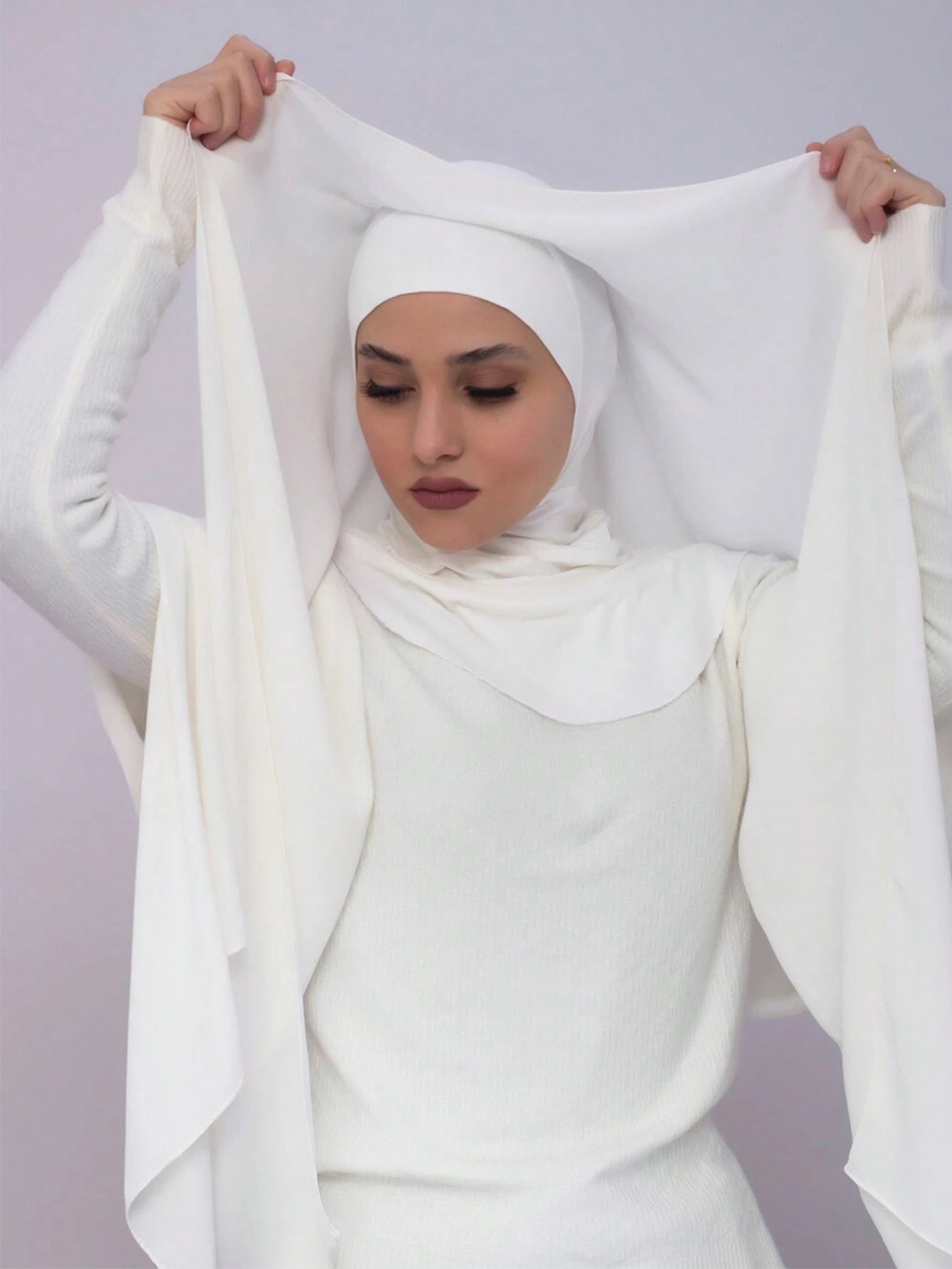 YZ136  Solid color pearl chiffon hijab and base hat combination