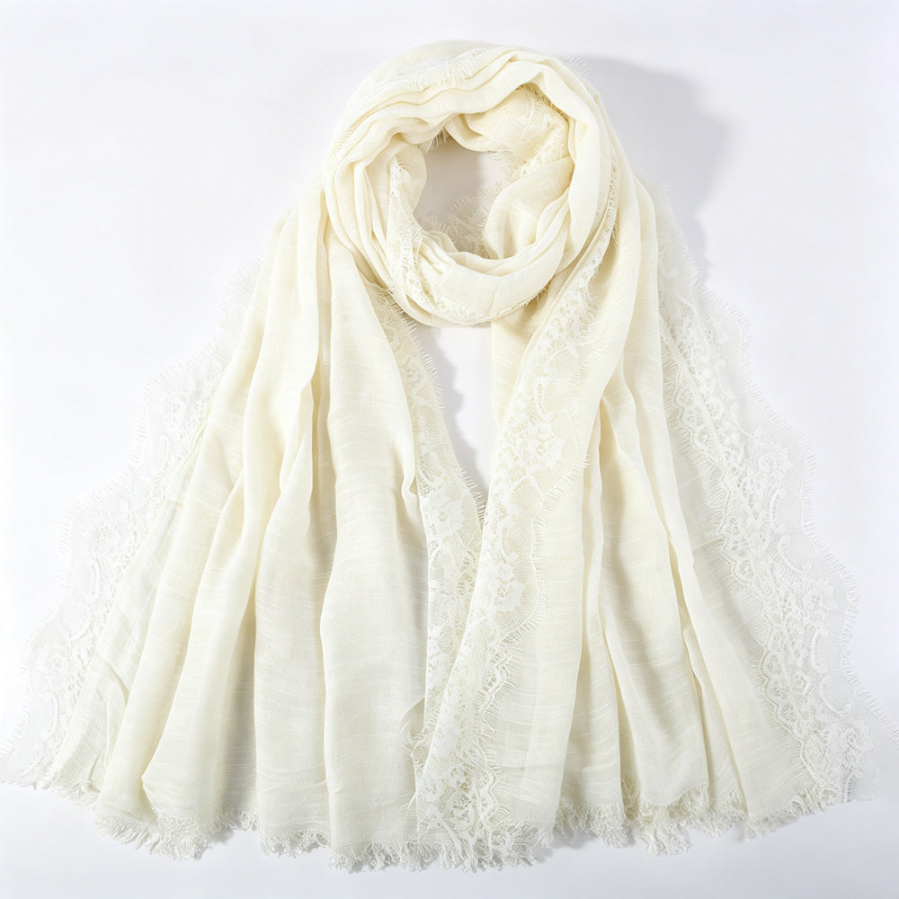 YC007  Plain Polyester Crinkle Lace Panel Fringe Hijab