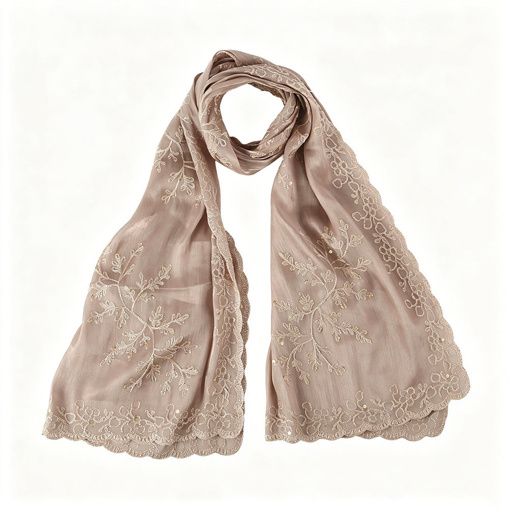 WJ115  Plain Embroidered Scallop Edge Sea Island Silk Hijab