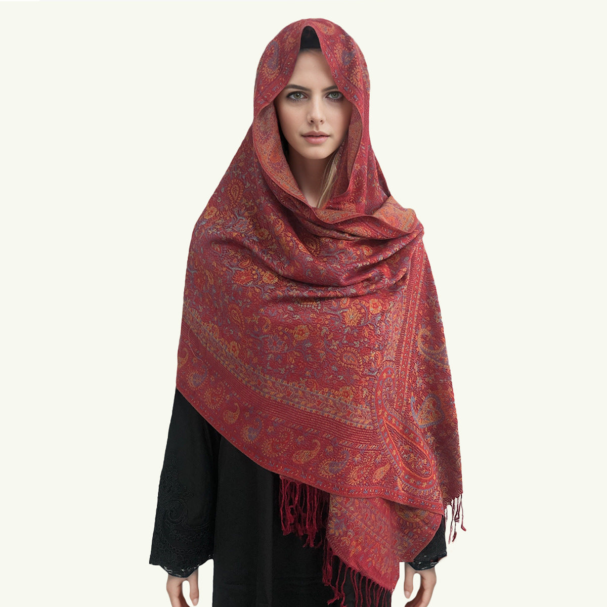WJ005  Faux Cashmere Paisley Embroidered Tassel Scarf
