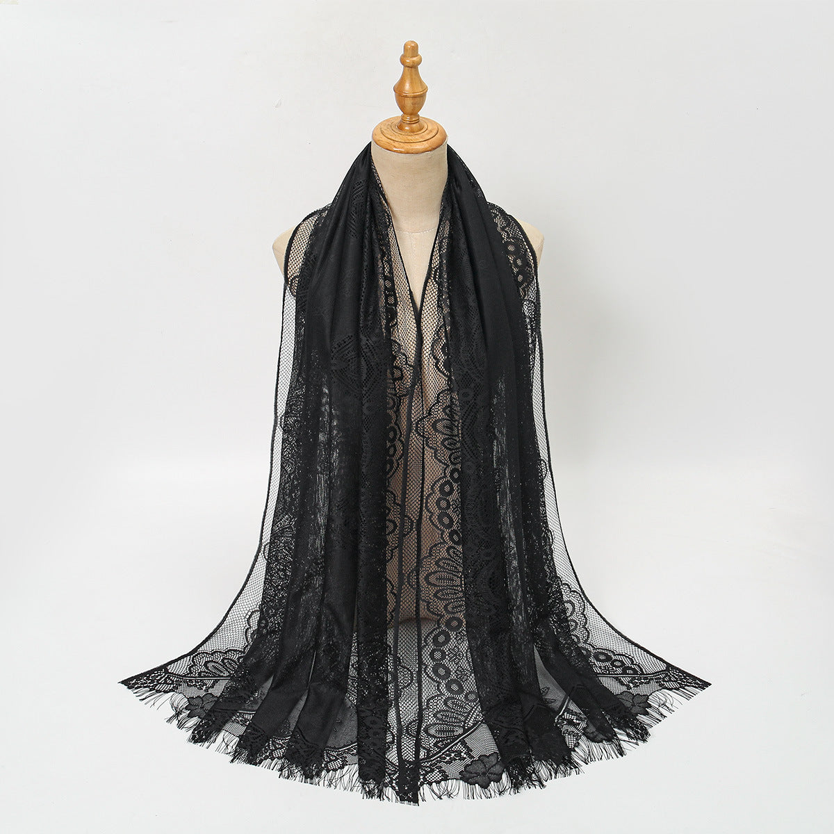VE160  Plain Polyester Water Wave Cutout Lace Fringe Hijab