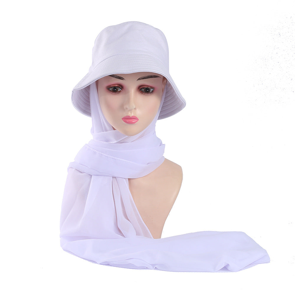 JM42 Solid color sun protection shawl 2 pieces chiffon fisherman hat fashionable flat bottom sun hat