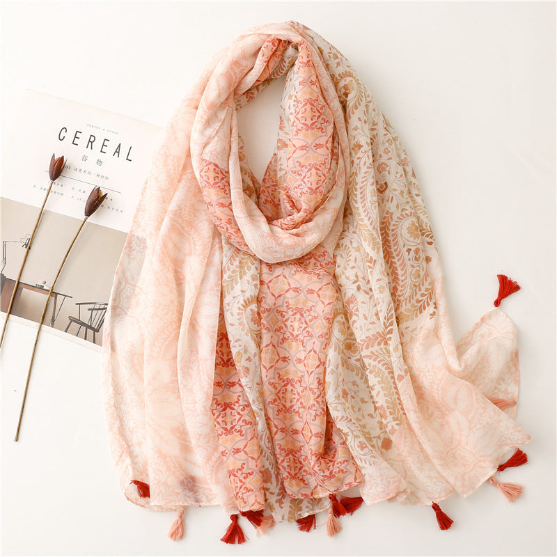 SL2202-009  Women's Ethnic Cotton Linen Feel Scarf with Wheat Ears Tassels
