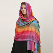T318-01  Paisley Embroidered Ombre Tassel Polyester Cotton Scarf