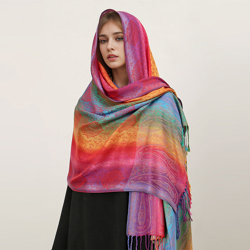 T318-01  Paisley Embroidered Ombre Tassel Polyester Cotton Scarf