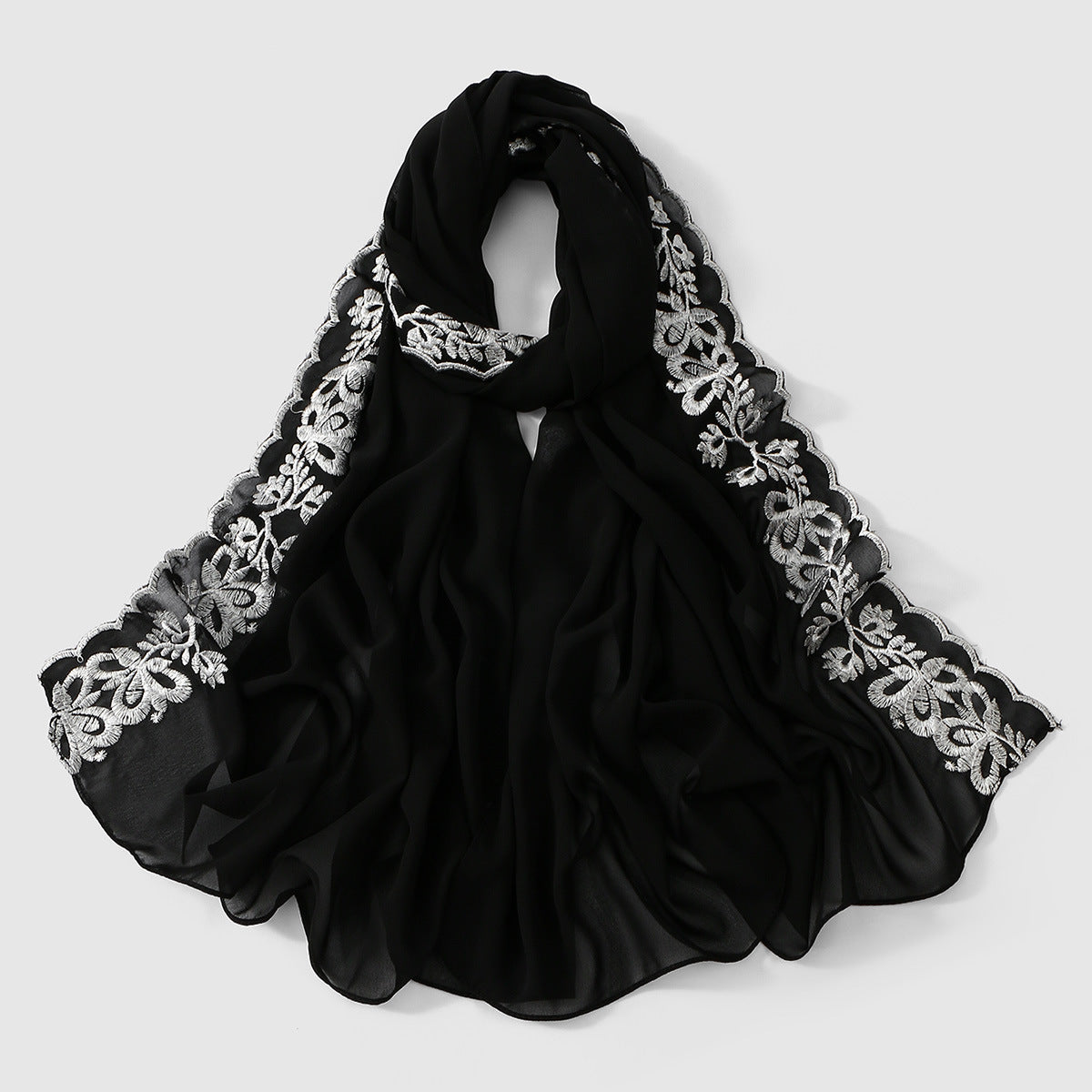 VE139  Stylish Butterfly Embroidered Chiffon Hijab