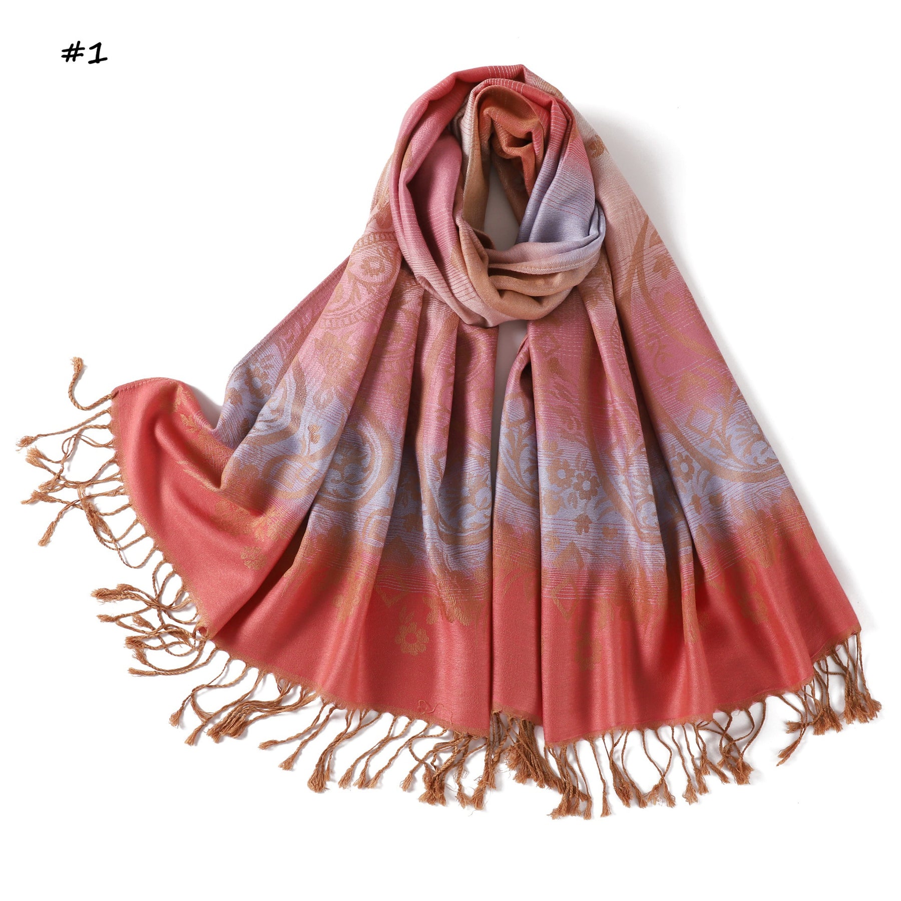TH05-047  Rainbow Gradient Paisley Jacquard Tassel Viscose Hijab