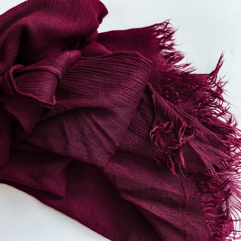 WJA79  Plain natural crinkle cotton hijab with fringes on both ends