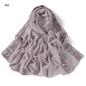 YZ315  Plain Chiffon Butterfly Embroidery Pearl Lace Hijab
