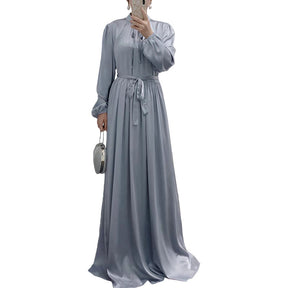 21662  Elegant Long Sleeve Tie-Waist Flowy Abaya Dress
