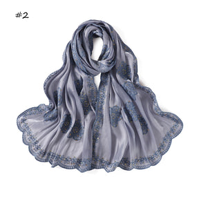 YZ343  Sequin Floral Embroidered Lace Trim Breathable Hijab