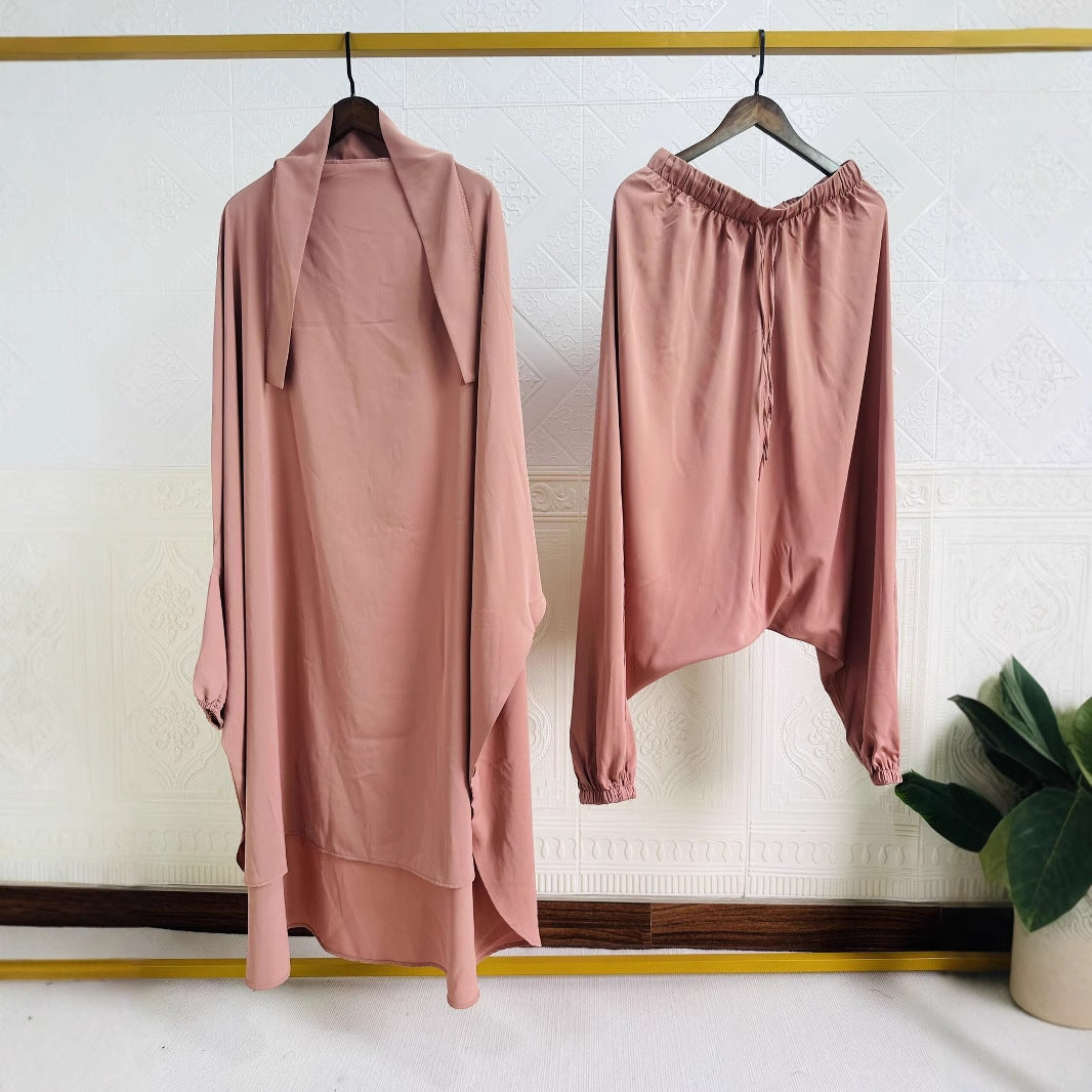P103  Plain 2-Piece Loose Long Sleeve Top Hijab and Tied Pants Set