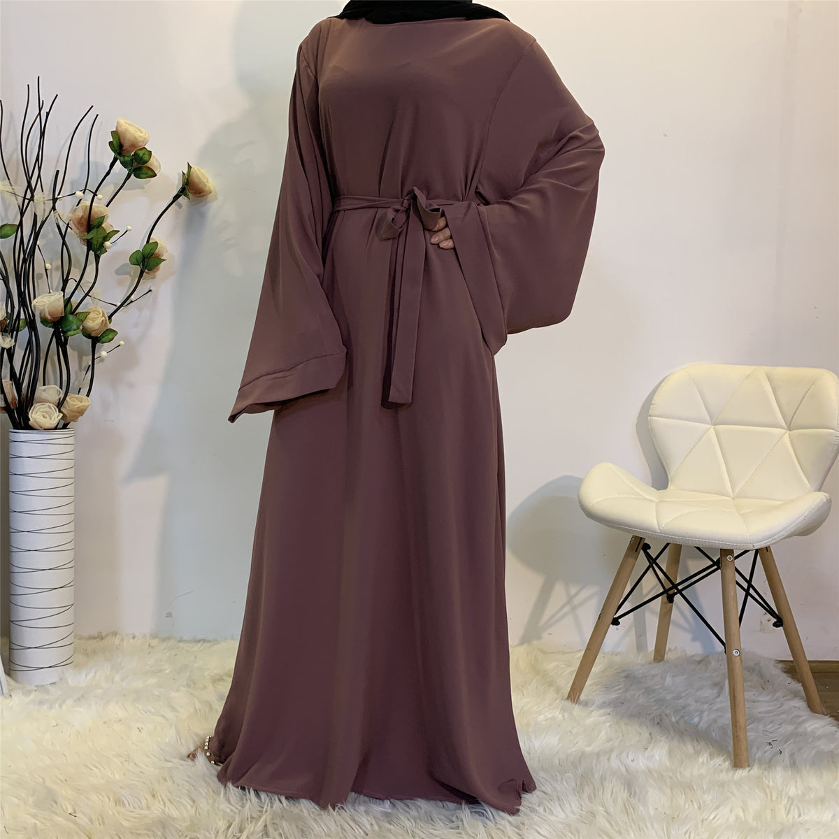 6394 Solid color lace-up Muslim abaya