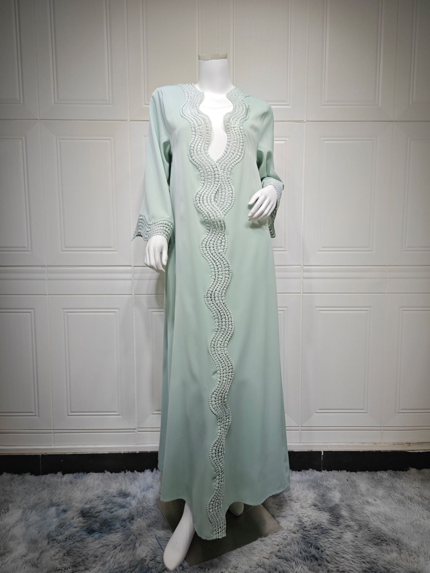 MQ255  Elegant Lace Trim Long Dress Cardigan