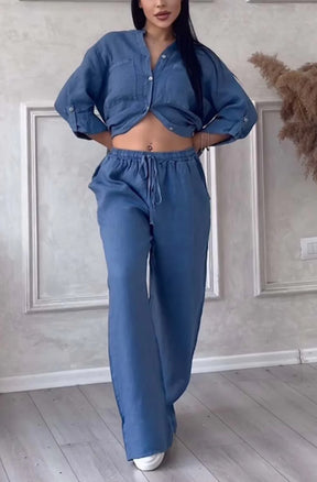 6670  Women's Plain Single-Breasted Long Sleeve Shirt & Tie Waist Pants Set